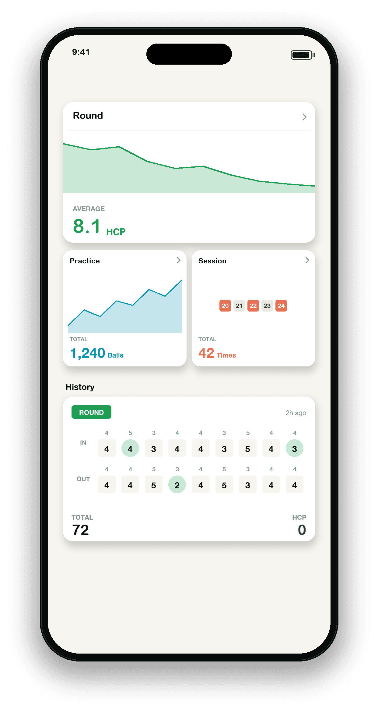 EagleBuddy home screen showing handicap trend and practice totals